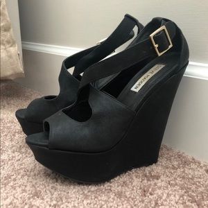 Black leather wedge heels